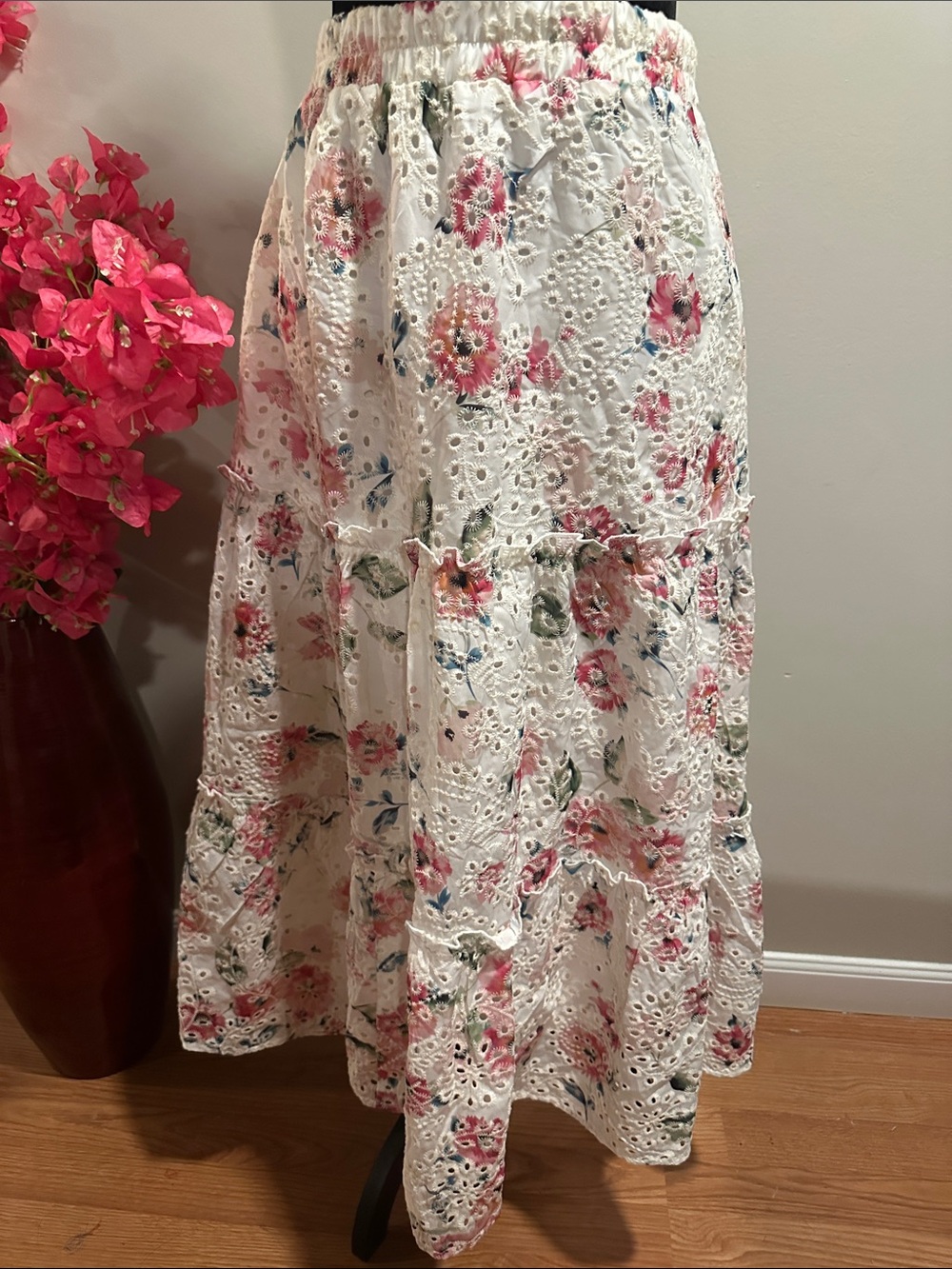 White Eyelet Floral Tiered Midi Skirt - Pink Floral